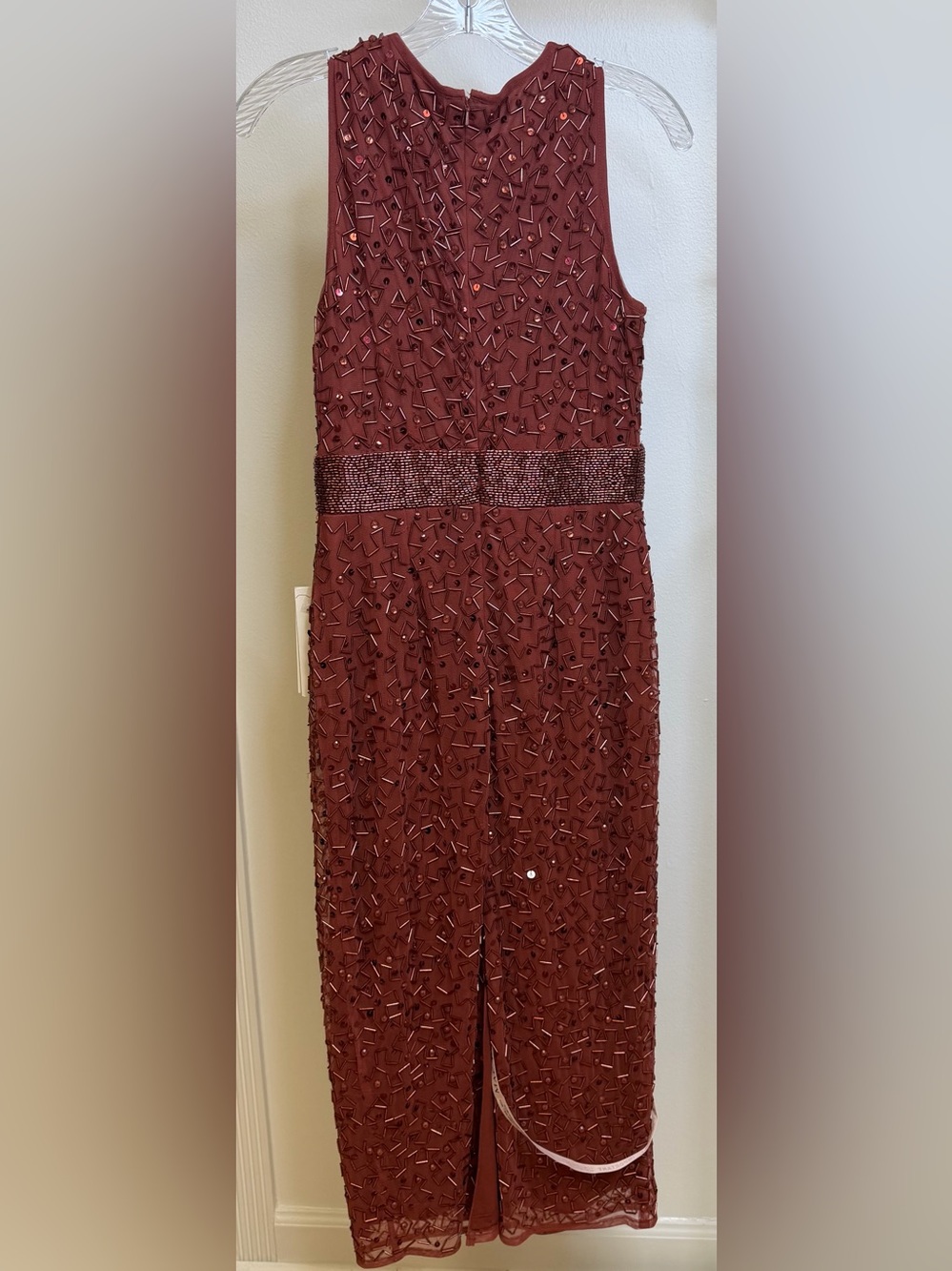 Mac Duggal Beaded Burgundy Dress Size 4- Geometric Embellished Midi - Picture 3 of 6